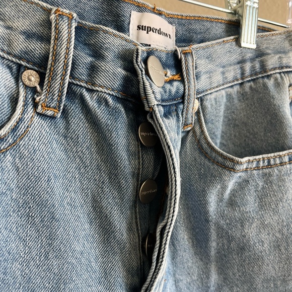 SUPERDOWN | Medium Wash Raw Hem Button Fly High Rise Denim Shorts | Size 26 - Picture 3 of 8